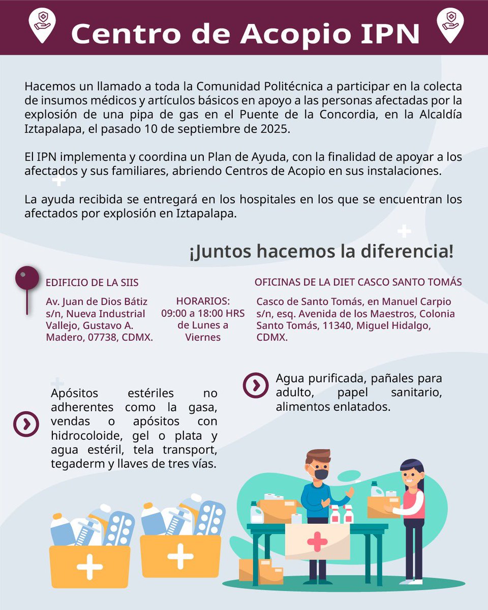 IPN_MX's tweet photo. 🤝 Hoy, las manos de la #ComunidadPolitécnica pueden llevar alivio a quienes más lo necesitan tras la explosión en Iztapalapa.
📍 Acude a los Centros de Acopio del #IPN y dona insumos médicos y artículos básicos. Cada aportación, por pequeña que sea, se transforma en esperanza. https://t.co/y3rMoWvLND