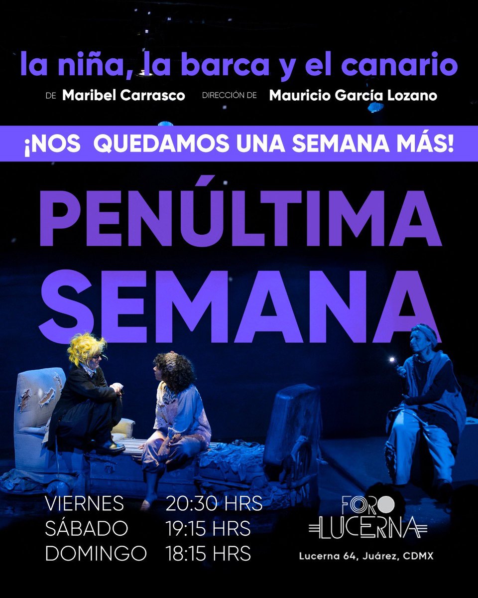 El telón está por caer…

Últimas 2 semanas para vivir La niña, la barca y el canario.

2 ÚLTIMAS SEMANAS 
📍 <a href="/ForoLucerna/">Foro Lucerna</a> 
🕒 Viernes 20:30 h | Sábado 19:15 h | Domingo 18:15 h
🎟 Taquilla y <a href="/Ticketmaster_Me/">Ticketmaster México</a> 
👧🏽🧑🏻 +12 años

COMPRAR: ticketmaster.com.mx/la-nina-la-bar…