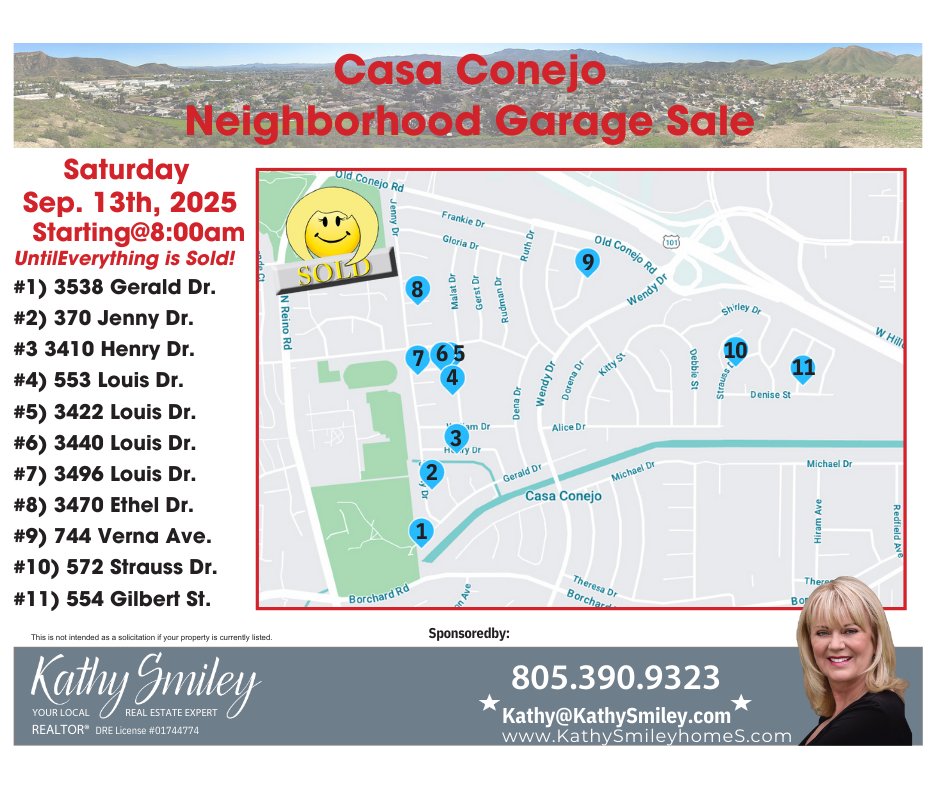 KathySmiley's tweet photo. Tomorrow, Saturday, Sept 13th! Another terrific multi-family neighborhood garage sale sponsored by Kathy Smiley Homes! Come one, come all, there's something for everyone! https://t.co/glQwH8JRmY