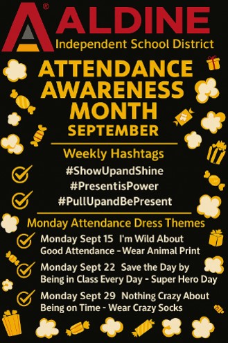 Aldine ISD O.S.A. (@aldineosa) on Twitter photo Dear <a href="/AldineISD/">Aldine ISD</a> family:
We hope you're having a great year!
As you know, September is Attendance Awareness Month, and the next three Mondays will each have a special dress theme:
Sept. 15: Animal Print
Sept. 22: Super Hero
Sept. 29: Crazy Socks
We look forward to seeing you! Dear <a href="/AldineISD/">Aldine ISD</a> family:
We hope you're having a great year!
As you know, September is Attendance Awareness Month, and the next three Mondays will each have a special dress theme:
Sept. 15: Animal Print
Sept. 22: Super Hero
Sept. 29: Crazy Socks
We look forward to seeing you!