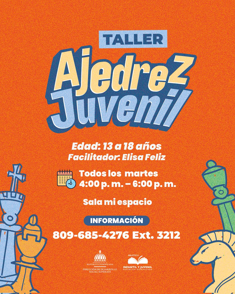 Atención Talleres de Ajedrez.

En la Biblioteca Infantil y Juvenil creemos que aprender también puede ser divertido.

Si quieres más detalles, llámanos al 809-685-4276 ext. 3217. 📞 
Aquí estamos para acompañar a tu familia en este camino de aprendizaje.