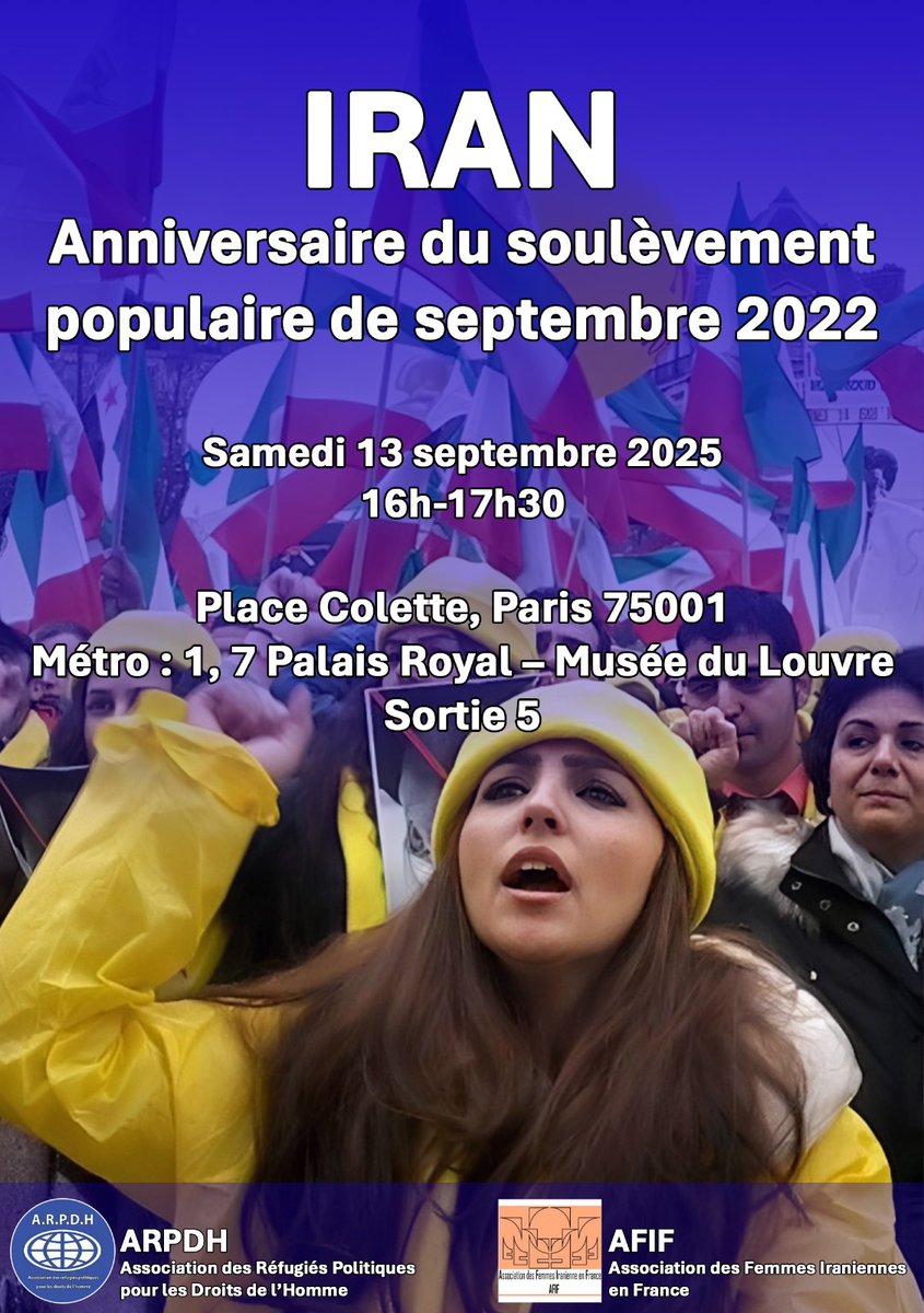 ✊3 ans déjà depuis le soulèvement en Iran.
Le régime réprime dans le sang 💔, mais la volonté de le renverser est plus forte que jamais 🔥.
📅 Demain, samedi 13 septembre 2025 à 16h
📍 Place Colette, Paris
#StopExecutionsInIran #NiChahNiMollah #FemmeRésistanceLiberté ✨