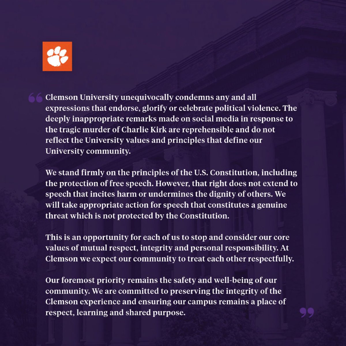TheCalvinCooli1's tweet photo. 🚨New: Clemson University has announced that they will not fire the professors who were celebrating Charlie Kirk's death https://t.co/4S9QJLkmzO