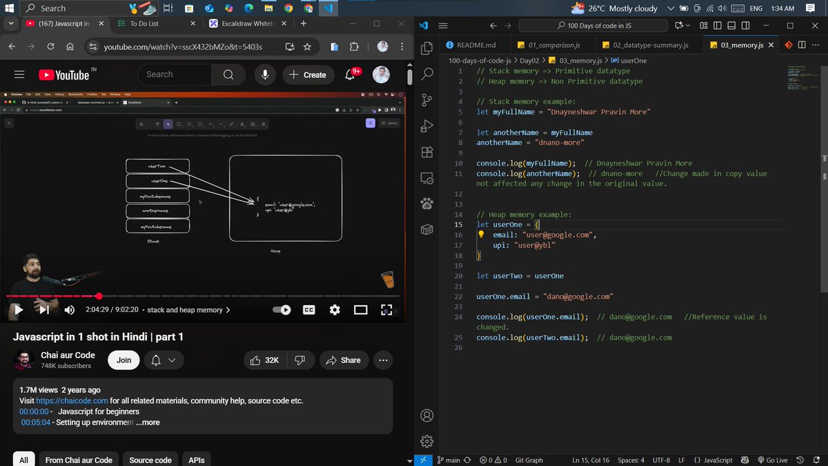 Coder_dnano's tweet image. ๐ Day 02/100 of #100DaysOfCode โ Done โ
Today I learned:
๐น == vs === & type coercion
๐น Primitive vs reference types
๐น Stack vs heap memory
Getting deeper into how JS handles data under the hood!
๐ GitHub: github.com/dnano-more/100โฆ
#JavaScript