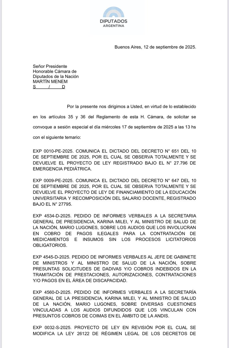 🚨 OJO que ya hay pedida una sesión especial en Diputados para el miércoles 17 (con marcha incluida de distintos colectivos). El temario es picante🚨👇

➡️ Rechazo de los vetos a la Emergencia Pediátrica y al veto a la actualización del presupuesto universitario

➡️ Emplazamiento