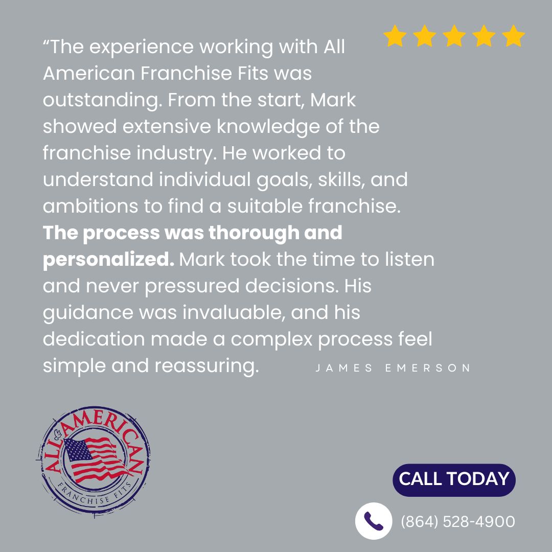 allamericanfnse's tweet image. Your franchise journey is personal and that is how you will feel when you work with All American Franchise Fits and are represented thoughtfully. You can fulfill your American dream of self-employment with confidence when we find your #franchisefit.