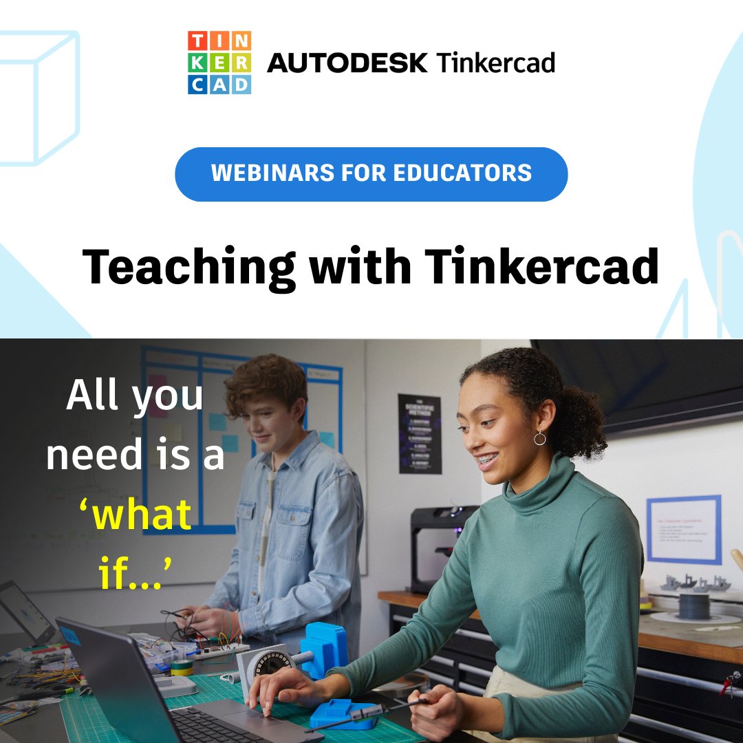 tinkercad's tweet image. 🧑‍🏫 New school year, new possibilities!

Join the Teaching with Tinkercad Webinar Series—3 free sessions on design, invention, and AI in the classroom. Featuring voices from @LemelsonMIT,  @scratch, &amp;amp; @OlinCollege.

Register today: tinkercad.com/blog/25-fall-t…

#TeachwithTinkercad