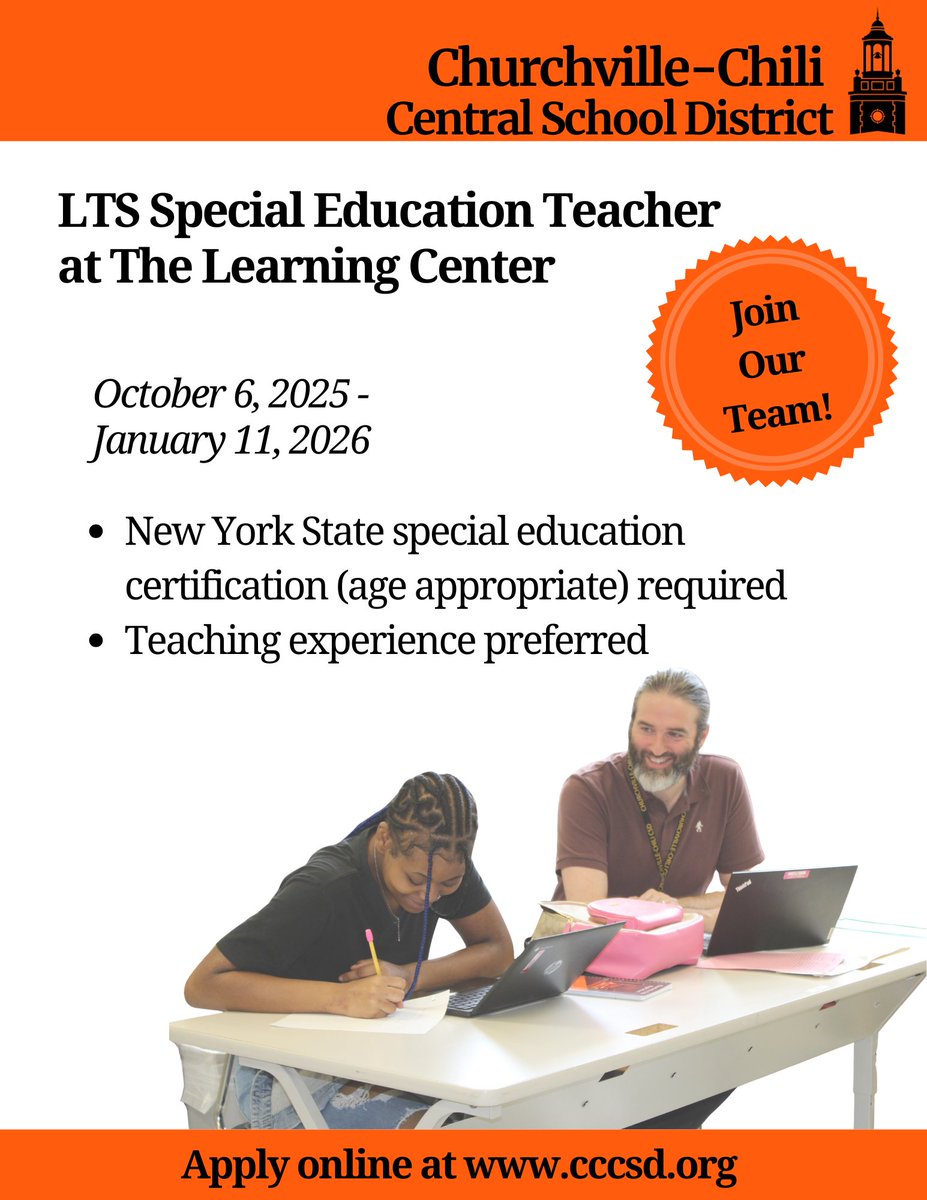 CCCSDtweets's tweet photo. Churchville-Chili is hiring! 

We are currently seeking a Long-term Substitute Special Education Teacher at The Learning Center. The position is from October 6, 2025 - January 11, 2026. 

Visit our website https://t.co/t251qhkhpU to apply today and join our Saints team! https://t.co/nCjKwGlGBq