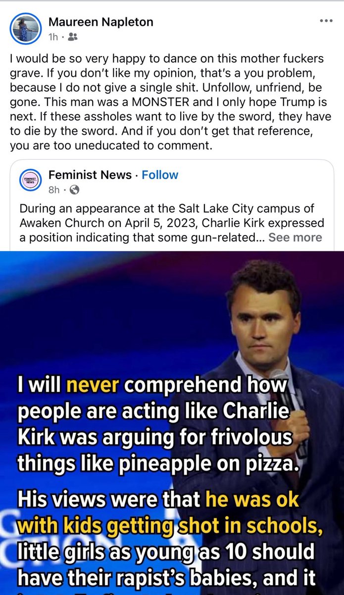 ChristianHeiens's tweet image. Meet Maureen Napleton, Legal Counsel at Napleton Auto Group in Westmont Illinois. She’s “very happy” that Charlie Kirk was assassinated and her “only hope” is that “Trump is next.”
