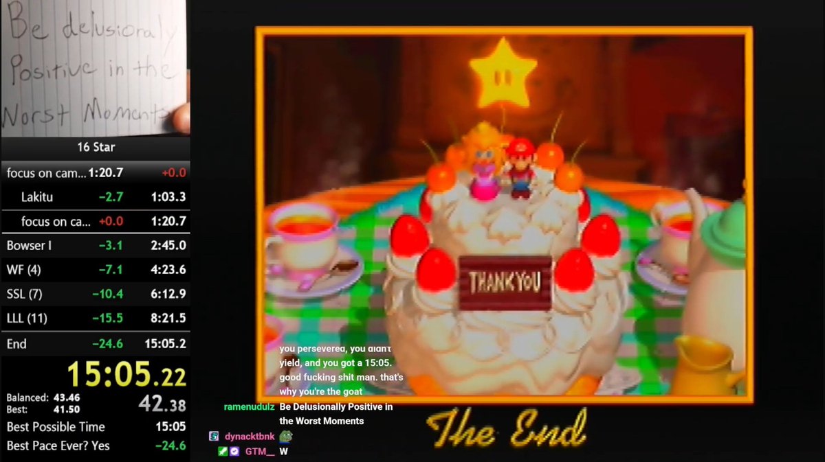 This run came out of nowhere, but not really. This is the result of a body of work that has spanned nearly 9 years now. 0 major mistakes. 5 seconds lost to bljs (of course) 1 to boulder rng and 1 to bad texts on final bowser. This might actually be the one. Absolutely delighted