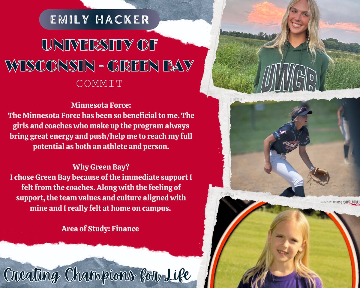 Congratulations to Emily Hacker on her recent commitment to the University of Wisconsin - Green Bay!

We are so proud of you &amp; your pursuit of athletic &amp; academic excellence. We can’t wait to follow your  journey at the collegiate level! 

#CreatingChampionsForLife