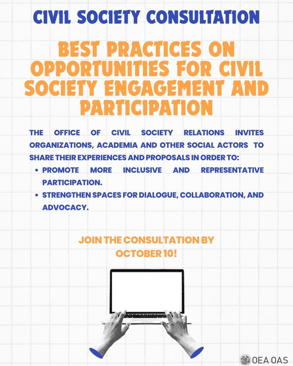 CONSULTATION: Good Practices on Civil Society Participation🤝🌎

The Office of <a href="/OAS_CivilSoc/">OAS - Civil Society</a> invites organizations, academia and other social actors to share experiences and proposals.
 
📝 Take part in the consultation by October 10
👉 forms.gle/8giEsyRzsAJntP…