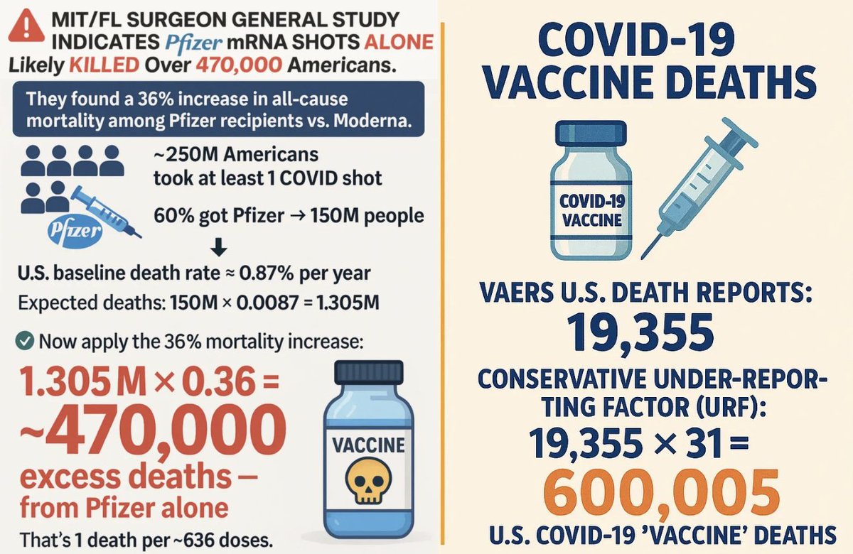 NicHulscher's tweet image. 🚨ESTIMATED MINIMUM U.S. mRNA SHOT DEATH TOLL: 470,000–600,000

Two independent estimations — one based on VAERS-adjusted data, the other derived from MIT/Florida Dept. of Health study findings — yield a conservative range of 470,000 to 600,000 American deaths from the COVID-19…
