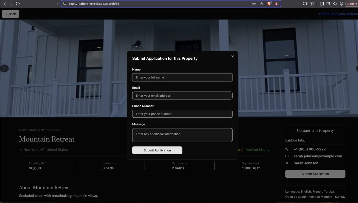 abolorreeeee's tweet image. Built a Full-stack real estate platform that connects tenants to landlords.
✅ Property listings by landlords 
✅  Easy application by tenants 
✅  3-day escrow payments released only after tenant satisfaction with the property
 with Nextjs & Express
realty-sphere.vercel.app