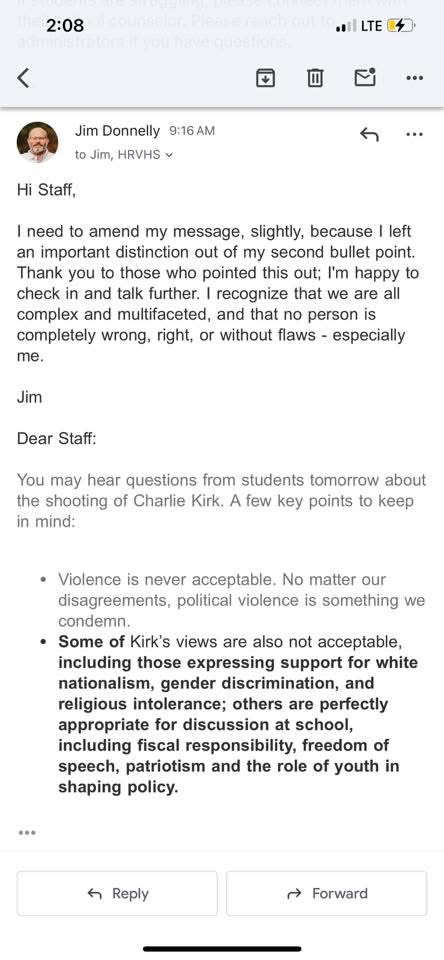 Tiralius15's tweet photo. @ScottPresler This was a message sent out to staff at a local hood river valley highschool from the interim principal. They have gaslit us saying we are confused about the first message that leaked and they corrected to call Charlie a white nationalist etc. https://t.co/2bJp9CGNr3