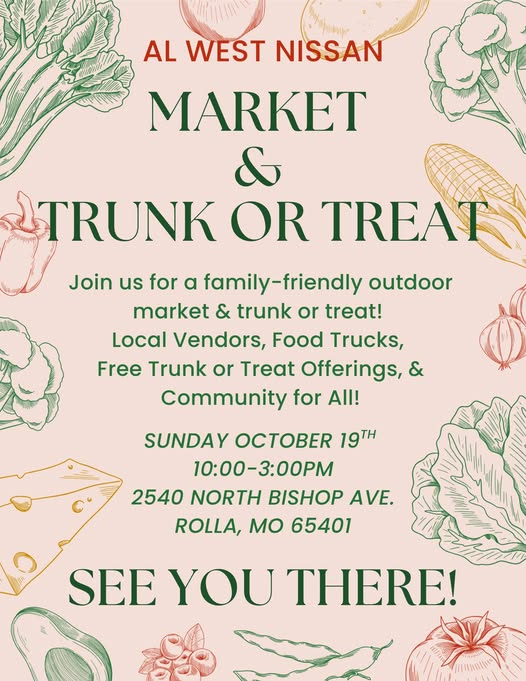 AlWest_N's tweet photo. We are READY to announce our Market &amp; Trunk or Treat event!!
Halloween is on a weekend this year, so we wanted to give everyone the chance to show off their costumes early (and to beat the weekend rush)!!
#RollaMO #halloween2025 #trunkortreat #farmersmarket #Missouri #Nissan https://t.co/esbKIwB5ax