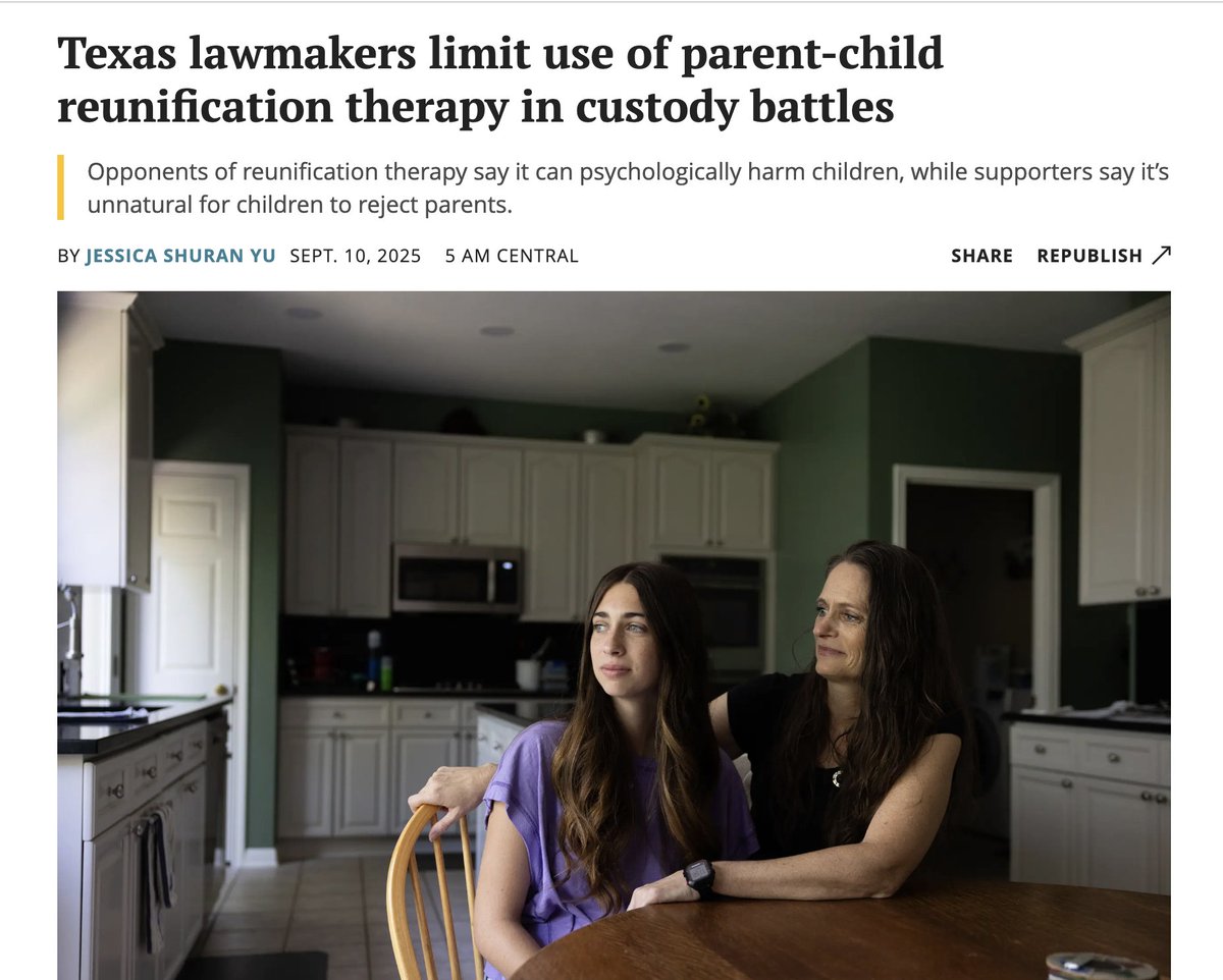 #Texas lawmakers limit use of parent-child reunification "treatments" in custody battles! texastribune.org/2025/09/10/tex…
<a href="/TexasTribune/">Texas Tribune</a> <a href="/profjoanmeier/">Joan Meier</a> #familycourtreform #domesticabuse #coercivecontrol #kaydenslaw