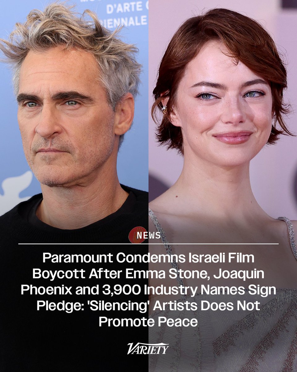 Variety's tweet image. Paramount condemns the Israeli film boycott after Emma Stone, Joaquin Phoenix, and nearly 4,000 others pledge to avoid Israeli film companies accused of “genocide and apartheid against Palestinians.”
"At Paramount, we believe in the power of storytelling to connect and inspire…