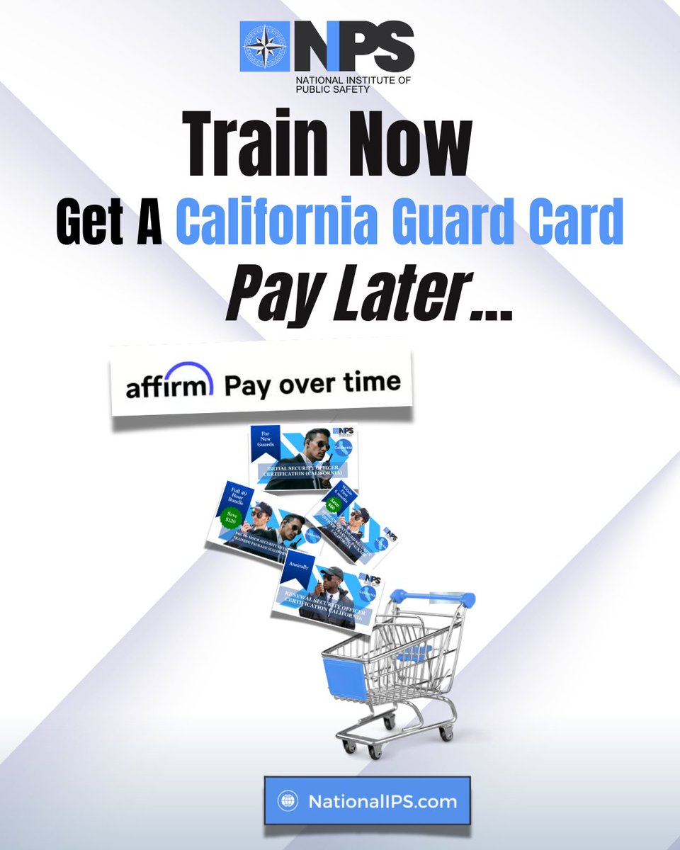 💳Train Now, Get your California Guard Card, Pay later...

Ready to level up your career AND your bank account? 👮‍♂️💸

Get your California Guard Card with NationalIPS and pay later — yep, you read that right! 😎 With flexible monthly payments through AFFIRM at checkout, you can