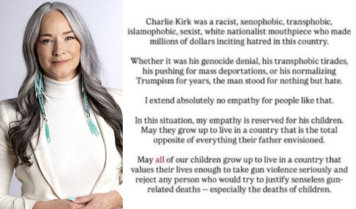 truckdriverpleb's tweet image. Manitoba's "Minister of Gender Equity" Nahanni Fontaine believes Charlie Kirk deserved to be assassinated for his political views 

She also has "zero empathy" for a young father who was murdered in front of his kids 

This is a NDP cabinet Minister 

Disgusting