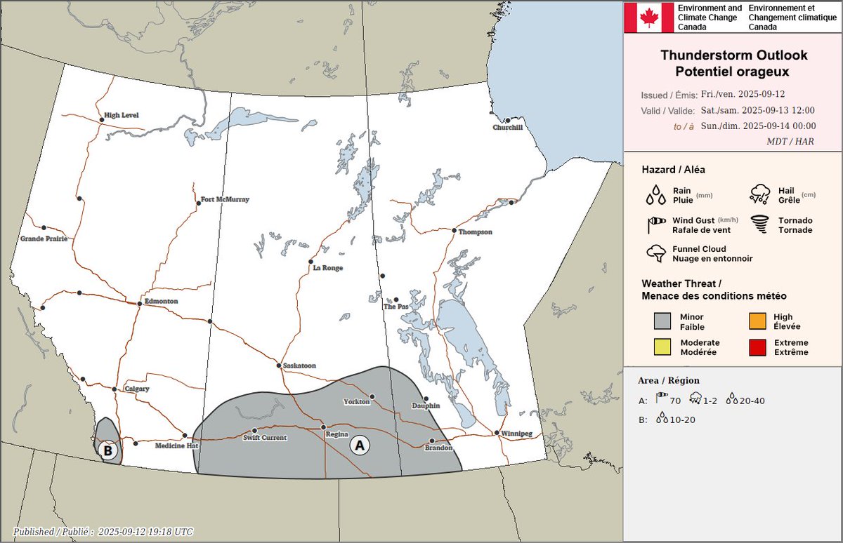 ECCCWeatherMB's tweet image. Storms with heavy rainfall moved through Manitoba last night, and the threat of thunderstorms continues today. Storms with heavy rain, hail and strong winds could move into the southwest this afternoon and overnight. #mbstorm