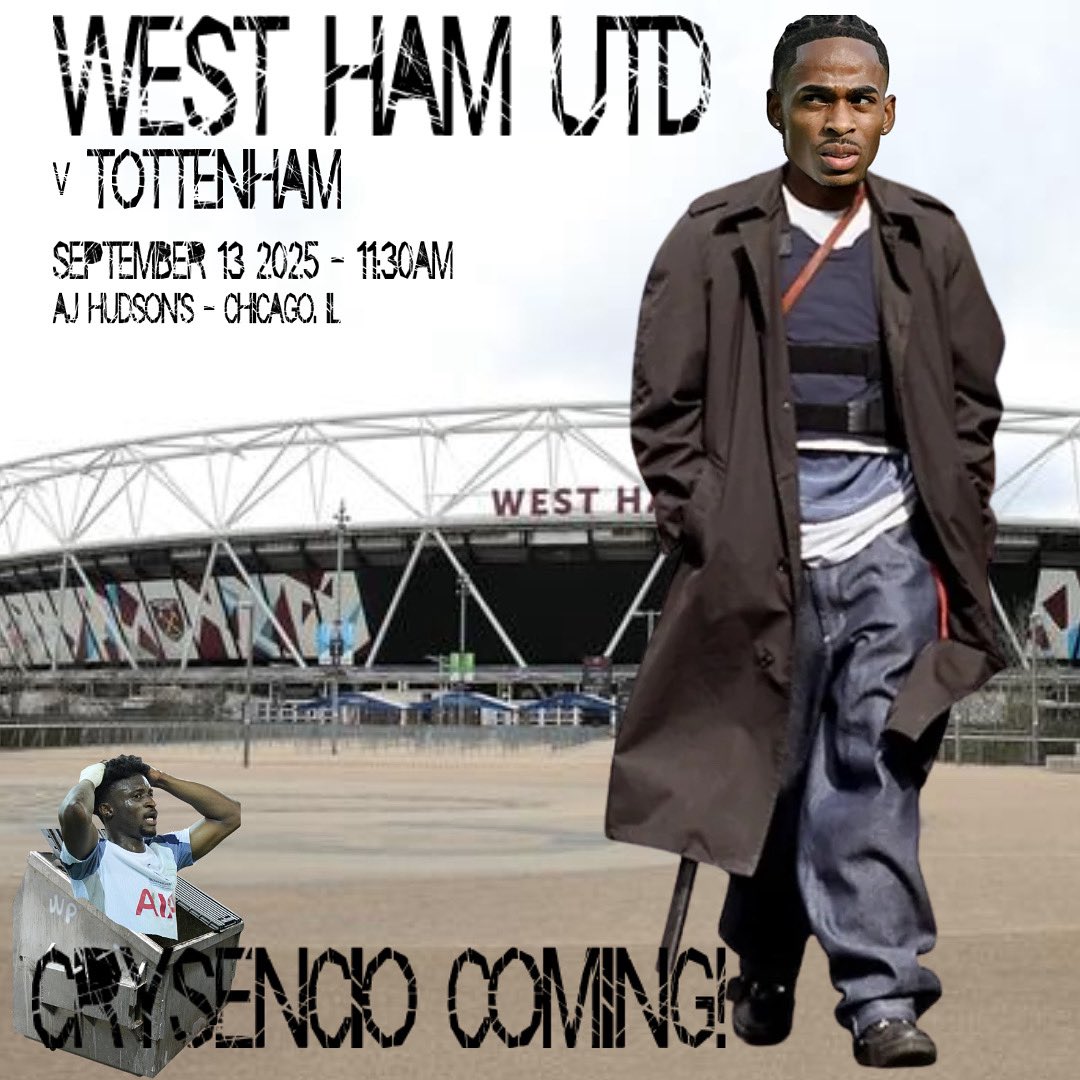 Join us tomorrow morning at <a href="/AJHudsons/">AJ Hudson's</a> for the 11:30am KO against Spurs.

CRYSENCIO COMING!

#OLAS #WHU #COYI #WHUFC #WestHam #WHUTOT #Chicago #chicagohammers <a href="/WestHam_US/">West Ham United US</a>