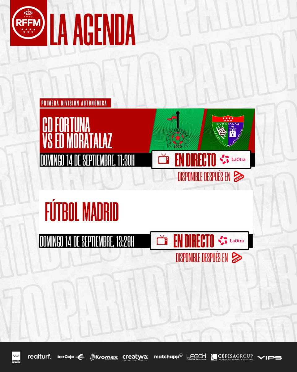 📺 Esta es la AGENDA TELEVISIVA del fin de semana 👇🏻

DOMINGO 1️⃣4️⃣
11:30h <a href="/efcdfortuna/">CD FORTUNA</a> 🆚 <a href="/edmoratalaz/">ED Moratalaz</a> de Primera División Autonómica de Aficionados (Grupo 2️⃣)
EN DIRECTO en <a href="/laOtraTM/">laOtra</a> de <a href="/telemadrid/">Telemadrid</a>

13:29h Programa 'FÚTBOL MADRID' en LaOtra (después a la carta en RFFM PLAY)