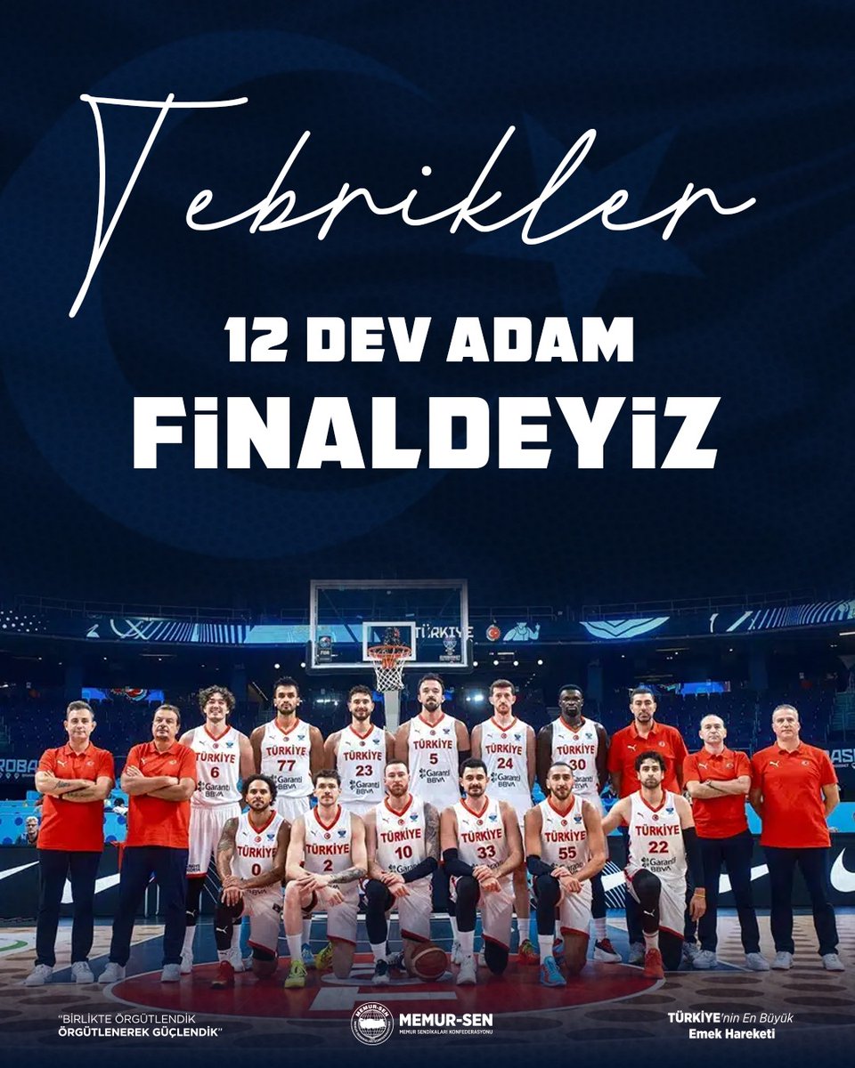 12 DEV ADAM FİNALDE! 🇹🇷

EuroBasket 2025’te tarih yazan 12 Dev Adam, namağlup olarak finale yükseldi.

Memur-Sen olarak, ay-yıldızlı formayı gururla taşıyan millî basketbol takımımızı gönülden kutluyor; ülkemize yaşattıkları heyecan, sevinç ve gurur için teşekkür ediyoruz.