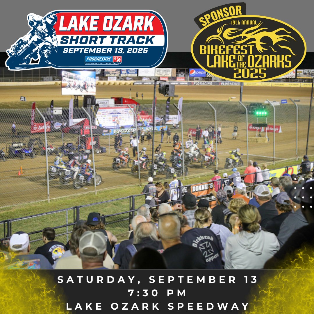 𝗧𝗵𝗲 𝗿𝗮𝗰𝗲 𝗶𝘀 𝗼𝗻!
We’re excited to have Progressive American Flat Track as a sponsor at Lake Bikefest 2025! On Sept 13, head to Lake Ozark Speedway for the season finale of this high-octane event.
#LakeBikefest2025 #FlatTrackRacing #BikerEvents #MotorcycleRally