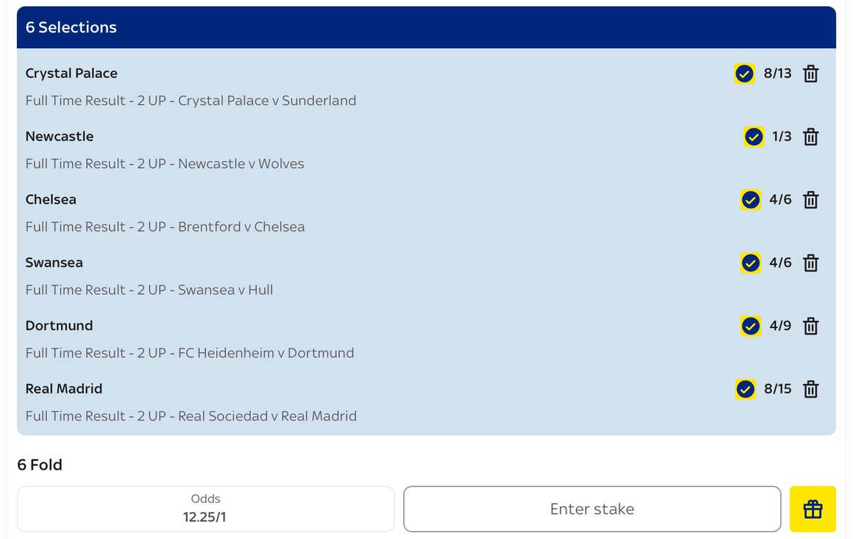 EL1TETIPS's tweet photo. 🚨 Saturday Win List 🚨
Crystal Palace ✅
Newcastle ✅
Chelsea ✅
Swansea ✅
Dortmund ✅
Real Madrid ✅
6-Fold @ 12.25/1 🔥
If this lands, I’ll be giving away 💸 to one lucky winner!
👉 RT & Comment to enter 👈
#BettingTips #Football #SaturdayAcca https://t.co/HG2iUdzVTX