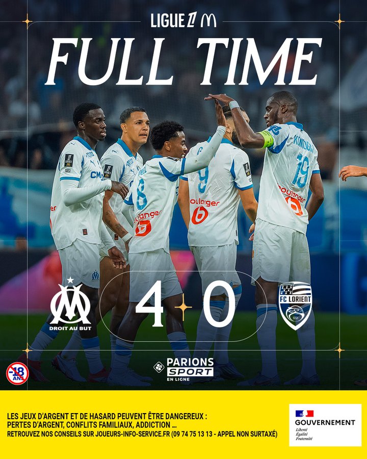 ⏱️ FULL-TIME! The Olympiens run out 4-0 winners at the <a href="/orangevelodrome/">Orange Vélodrome 🏡</a> ✨

Next up.....🇪🇸

#OMFCL |  4⃣ - 0⃣ | ⚪️🔵