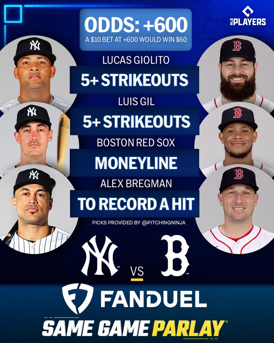 MLB Picks (@mlbpicks) on Twitter photo The <a href="/Yankees/">New York Yankees</a> and <a href="/RedSox/">Red Sox</a> begin a 3-game set at Fenway Park!
Odds via <a href="/FDSportsbook/">FanDuel Sportsbook</a>, picks via <a href="/PitchingNinja/">Rob Friedman</a> The <a href="/Yankees/">New York Yankees</a> and <a href="/RedSox/">Red Sox</a> begin a 3-game set at Fenway Park!
Odds via <a href="/FDSportsbook/">FanDuel Sportsbook</a>, picks via <a href="/PitchingNinja/">Rob Friedman</a>