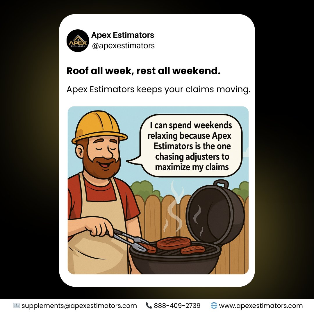 apexestimators's tweet image. Roof all week. Rest all weekend. 🛠️➡️🍔
We handle adjusters, supplements &amp;amp; payments so you can focus on roofing.

#ApexEstimators #RoofingIndustry #ChasingAdjusters