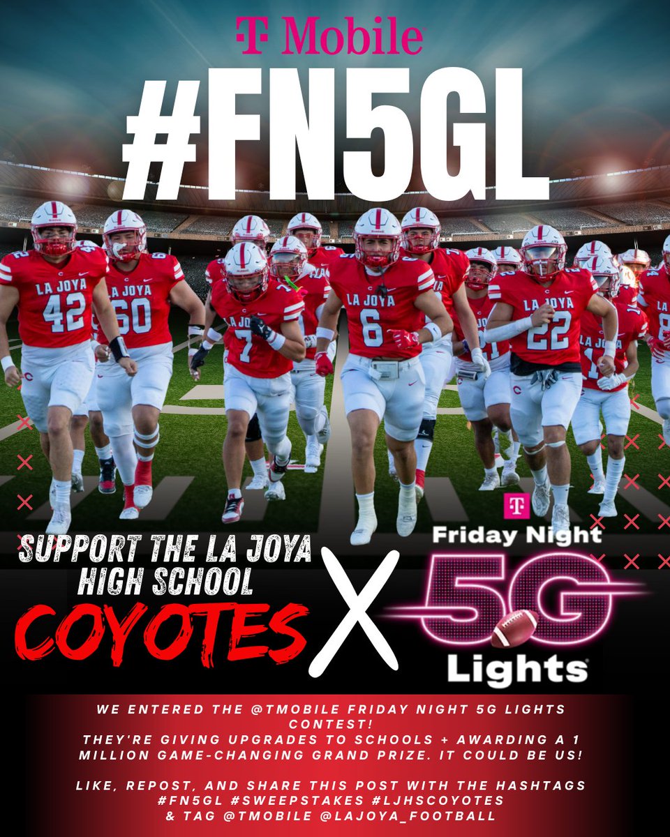 lajoyaisd's tweet image. 🌟 LA JOYA ISD FAMILY—LET’S RALLY!🌟
Our @LJHSCoyotes are in the @TMobile Friday Night 5G Lights Contest! 🏈💡
Every post counts—let’s flood social media with Coyote Pride! 🐾❤️
Hashtags: #FN5GL #Sweepstakes #ljhscoyotes
Tags: @TMobile + @lajoya_football + @ljhscoyotes