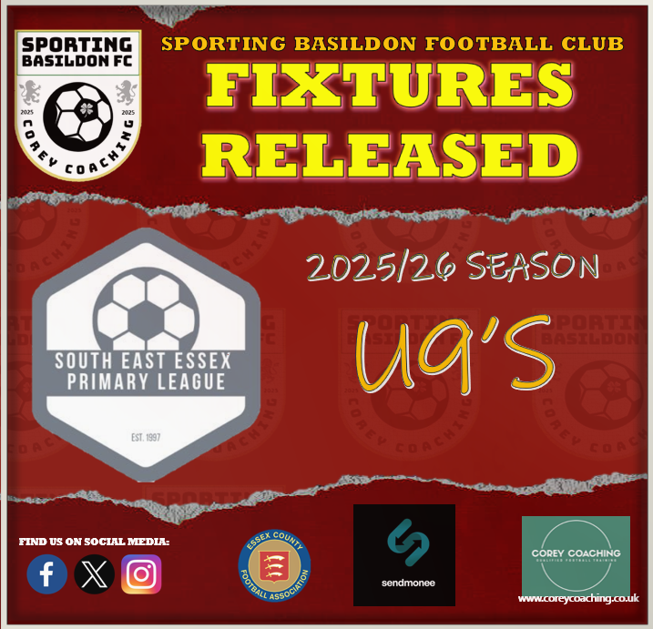 S_Basildon_FC's tweet photo. βοΈ U9's FIXTURES RELEASED βοΈ
The SEEPMS League have released the U9's fixtures. They start on Sunday 21st September 2025.
Good Luck to the team ahead of the 2025/26 season.
https://t.co/ehQmPDA0Ls
Sendmonee - @Corey_Coaching
β½οΈπ₯π©
#SBFC #sportingbasildonfc https://t.co/gyqAgtASOj