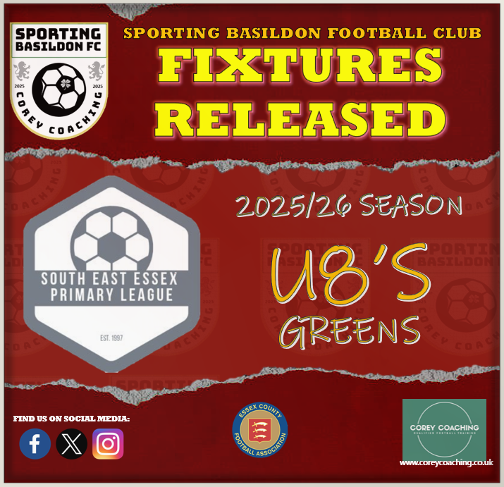 S_Basildon_FC's tweet photo. βοΈ U8's GREENS FIXTURES RELEASED βοΈ
The SEEPMS League have released the U8's fixtures. They start on Sunday 21st September 2025.
Good Luck to the team ahead of the 2025/26 season.
https://t.co/oCysdsvgJ4
Corey Coaching
β½οΈπ₯π©
#SBFC #sportingbasildonfc https://t.co/ho7cEhHOOk