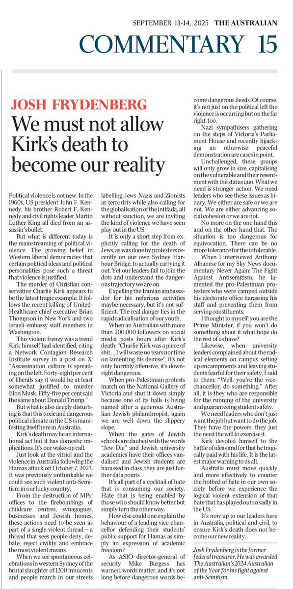 Charlie Kirk’s tragic death is our wake-up call. The toxic and dangerous political climate in the US is manifesting itself here in Australia.

Our political &amp; civil leaders must move quickly &amp; more effectively to counter the hotbed of hate in our own society to ensure Kirk’s