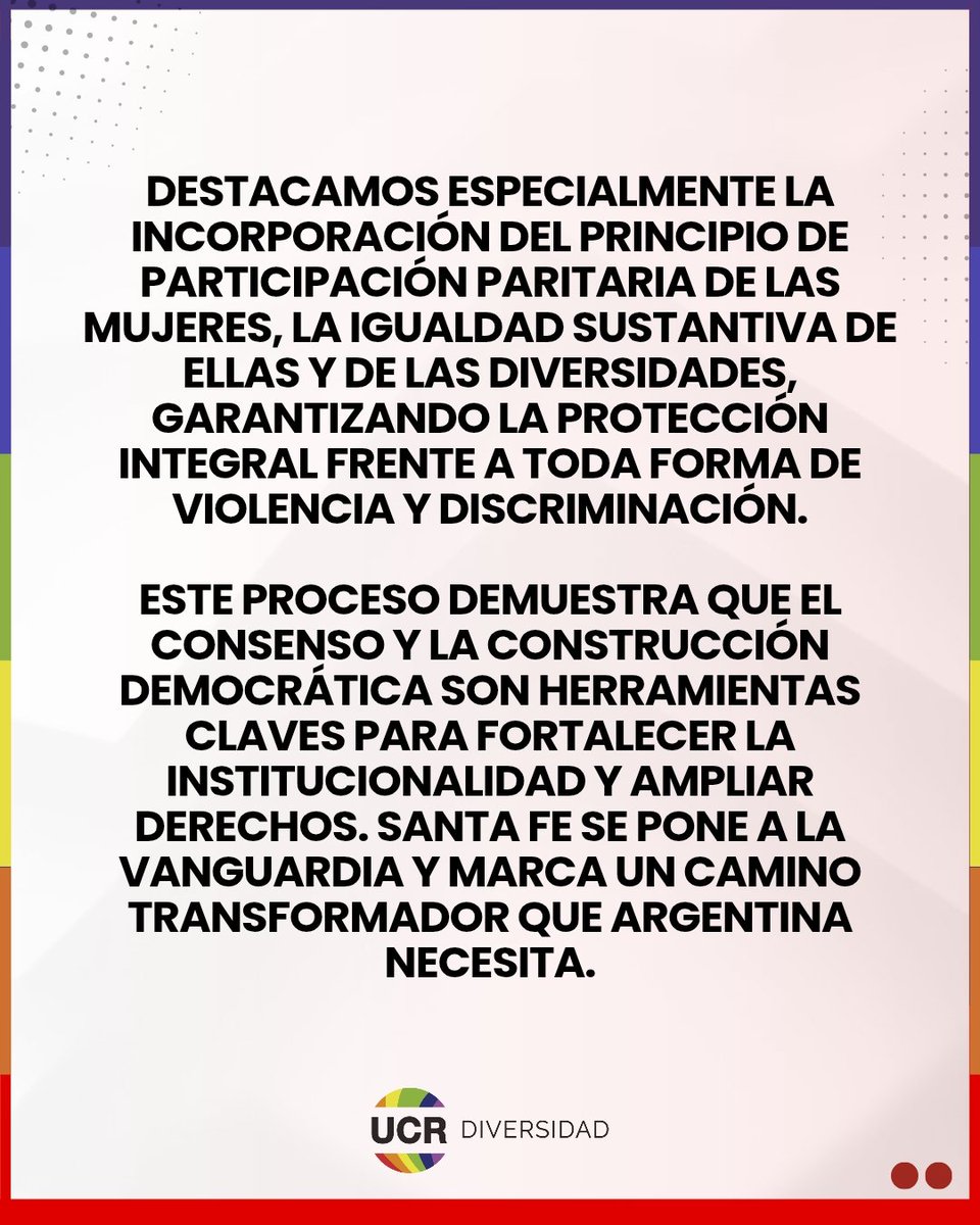 UCRDN's tweet photo. Desde UCRD Nacional felicitamos a Santa Fe por la histórica Reforma Constitucional 👏

Ficha limpia
Fin de los fueros
Límites al poder
Seguridad como deber del Estado
Igualdad sustantiva y paridad para mujeres y diversidades

Un avance democrático, inclusivo y transformador. https://t.co/QuHmVtQ92I