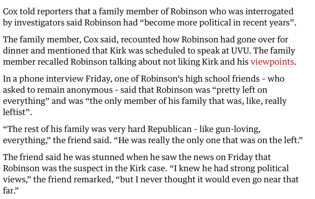 charlescwcooke's tweet image. From The Guardian—an openly left-leaning newspaper. I think we can dispense with the sophistry now. Kirk was killed by Robinson because Kirk said things that Robinson did not like. There is nothing to be gained by pretending otherwise. The facts are are they are.…