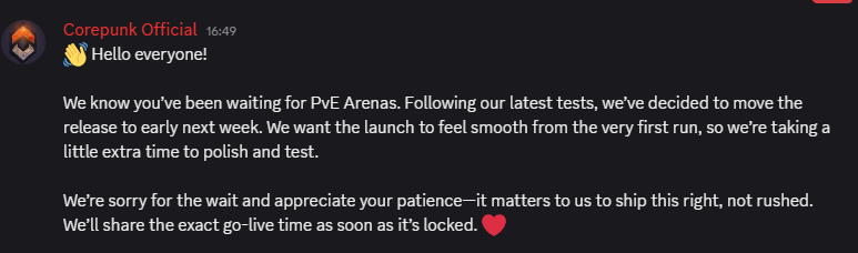 coreverso's tweet photo. ARENAS PVE ADIADAS!
O conteúdo que tinha sido especulado pra semana passada foi adiado oficialmente outra vez em mais uma semana. 
A justificativa é que querem proporcionar uma primeira experiência boa pros players e isso vai demandar mais tempo. https://t.co/nLDAF3hO3z
