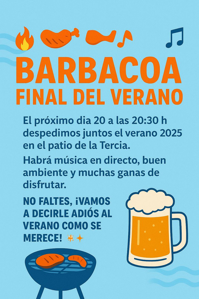 HadResurreccion's tweet photo. 🌅✨ Barbacoa de Despedida del Verano 2025 ✨🌅

El próximo día 20 de septiembre a las 20:30 h, tendremos el placer de reunirnos en el Patio de la Tercia para compartir una velada especial con música en directo a cargo de nuestro  Disc Jockey  favorito DJ-AGA https://t.co/AYaWbVzJSU