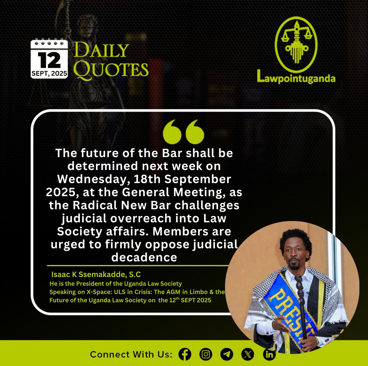 The Future of the Bar...

Members are urged to firmly oppose judicial decadence as the RNB challenges judicial overreach into the <a href="/ug_lawsociety/">Uganda Law Society</a> Affairs.