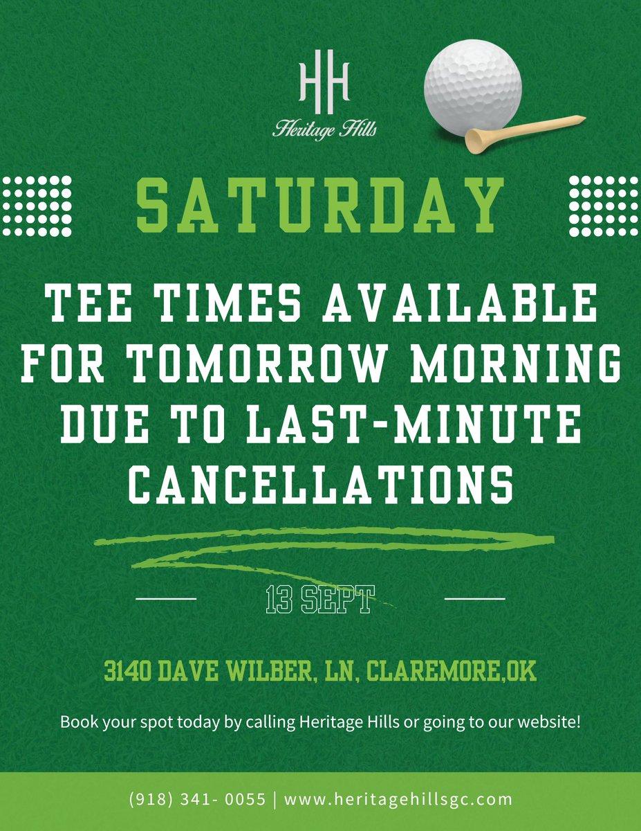 Last-minute openings! 🚨 Saturday tee times are now available after a tournament cancellation. Secure yours today by calling us at (918) 341-0055 or book online before they’re gone!