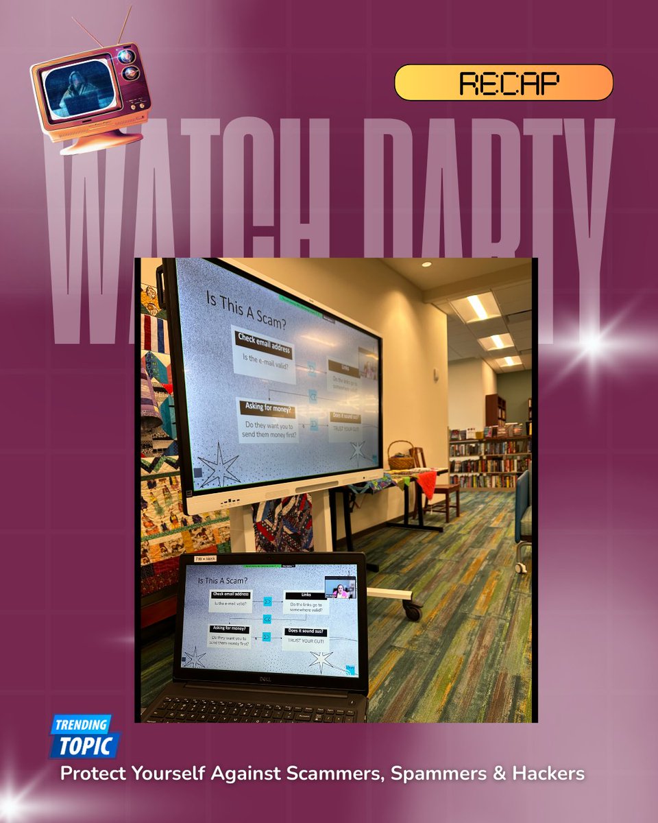 BBCityLibrary's tweet image. Some tuned in online, others joined us in the library—everyone walked away with tips on protecting themselves from scammers, spammers, and hackers. 💻🔒 

#LibraryPrograms #CyberSafety