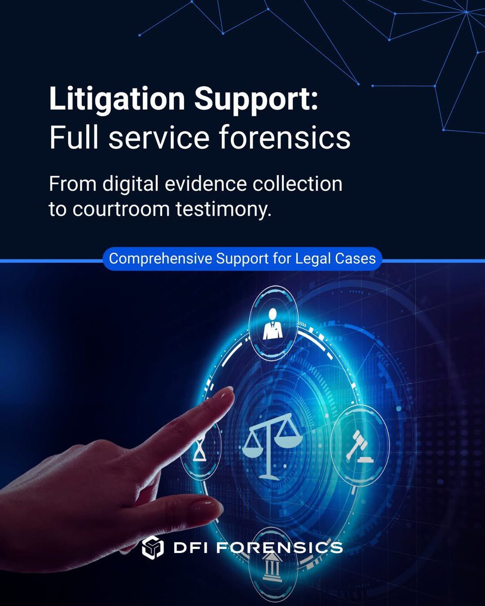 dfiforensics's tweet photo. DFI Forensics provides complete litigation support for lawyers, helping uncover evidence that supports your client’s position.

We combine technical skill, legal insight, and advanced tools to produce court-ready evidence that strengthens your case. https://t.co/5NTOsu8GZM