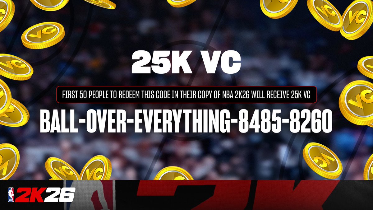 NBA2K's tweet photo. 25K VC Locker Code 🙌

First 50 people to enter this code in NBA 2K26 will get 25K VC! Void where prohibited. https://t.co/2vy6GLJkk9