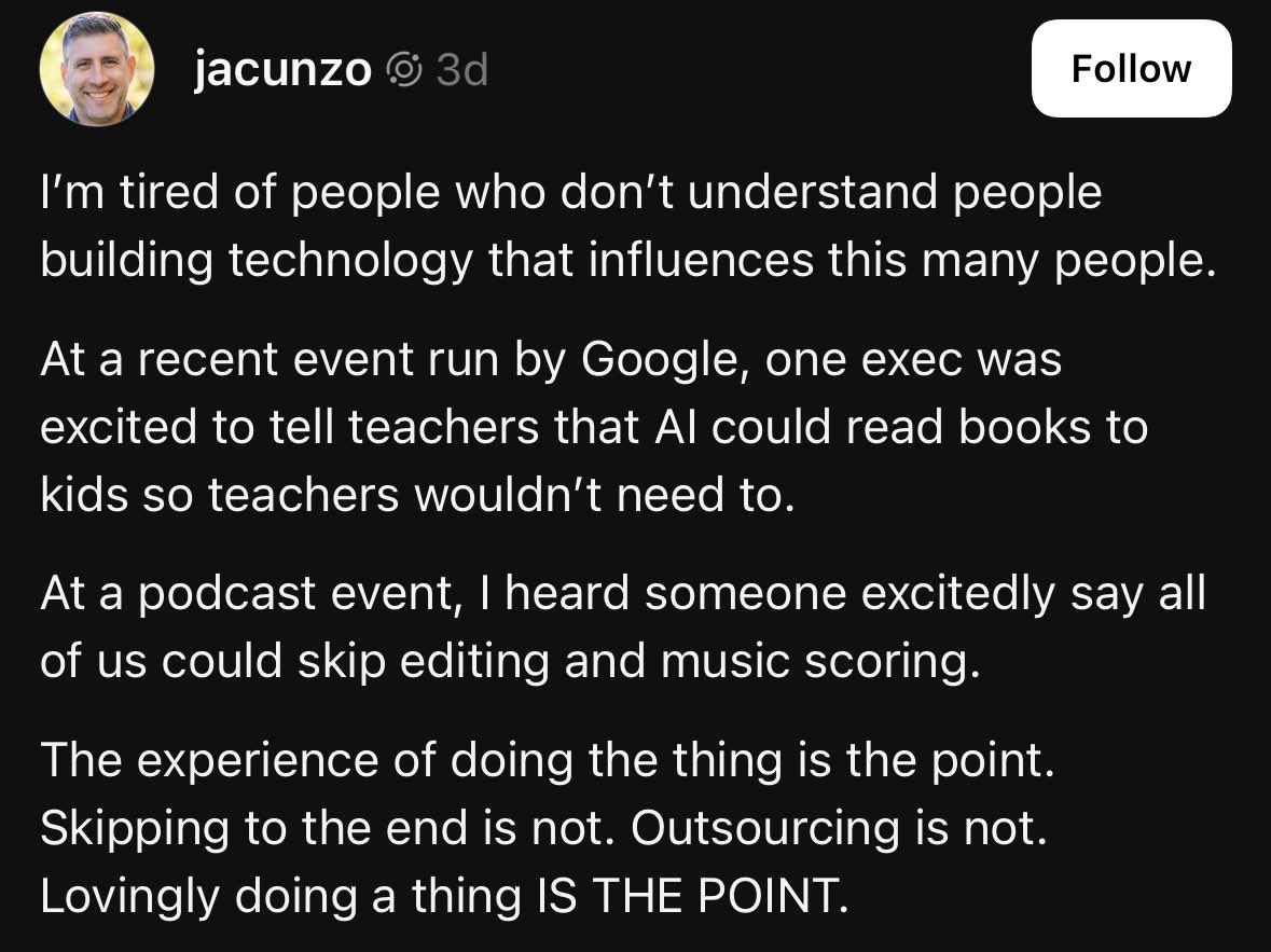Hijacked this from threads. <a href="/jayacunzo/">Jay Acunzo</a> is no longer on X. Love this line of thinking. 

Again, THE BEST TECH LEADERS WILL BE THE MOST ANALOG.