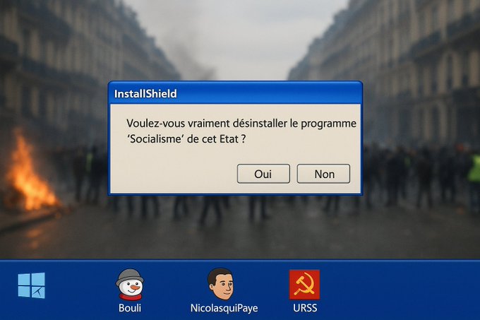 A digital meme image depicting a street scene with a crowd and a fire in the background, resembling a protest. An InstallShield dialog box overlay reads in French, "Voulez-vous vraiment désinstaller le programme 'Socialisme' de l'État ?" with "Oui" and "Non" buttons. At the bottom, cartoon avatars of Bouli, Nicolas Sarkozy, and a USSR emblem are visible.