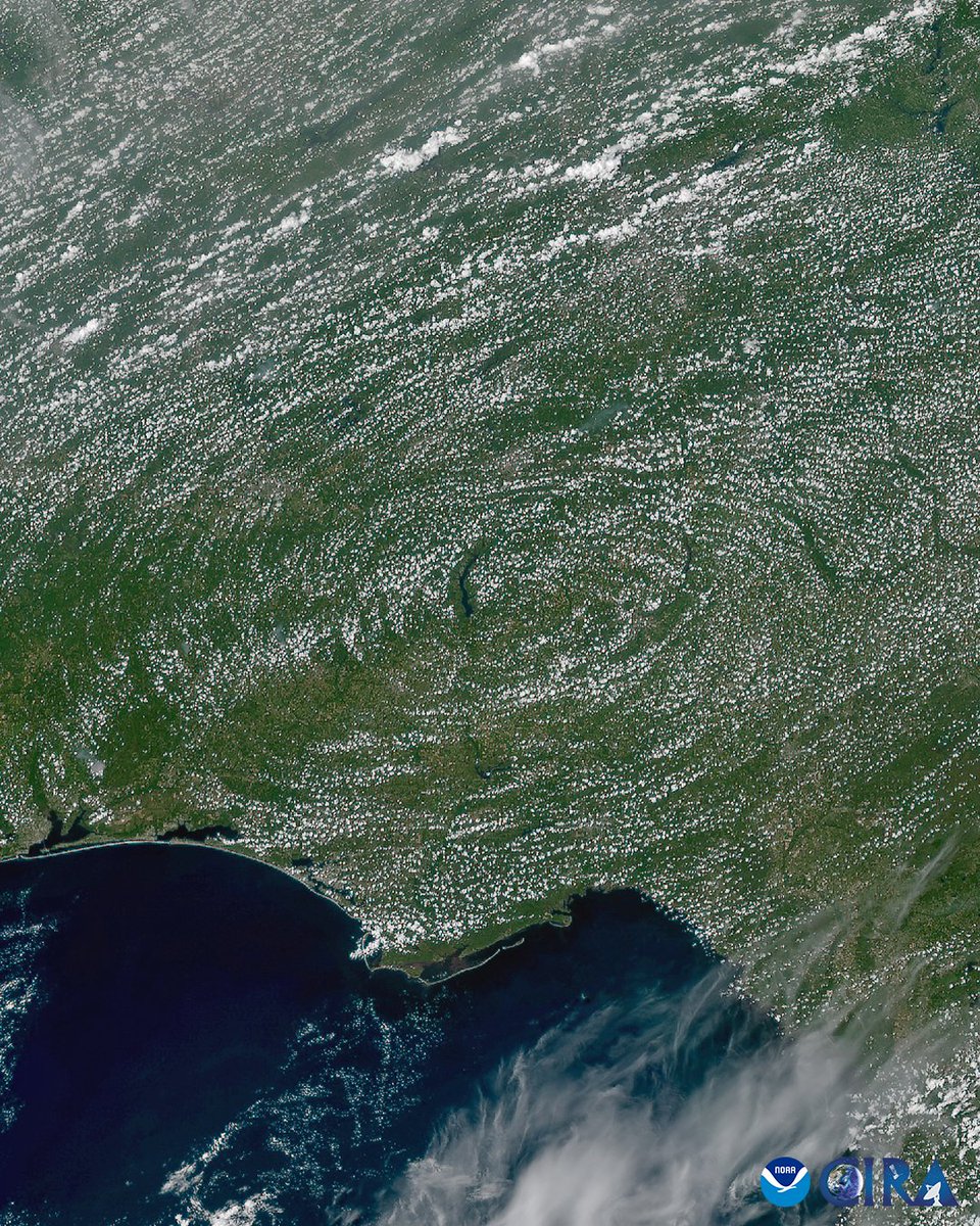 The center of high pressure in the Southeast United States is revealed by dotted cumulus clouds in a circular pattern.

Areas of high pressure often dominate the broad atmospheric circulation in which clouds flow within. (2/3)