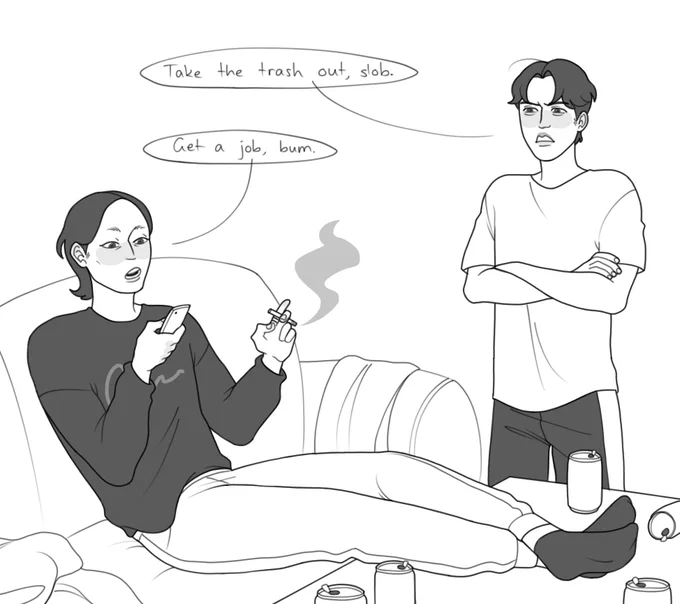#NAMGGIWEEK day 5: living together

Myunggi would nag namgyu constantly but we all know he's freeloading 😔

#namggiweek_sfw #namggi 